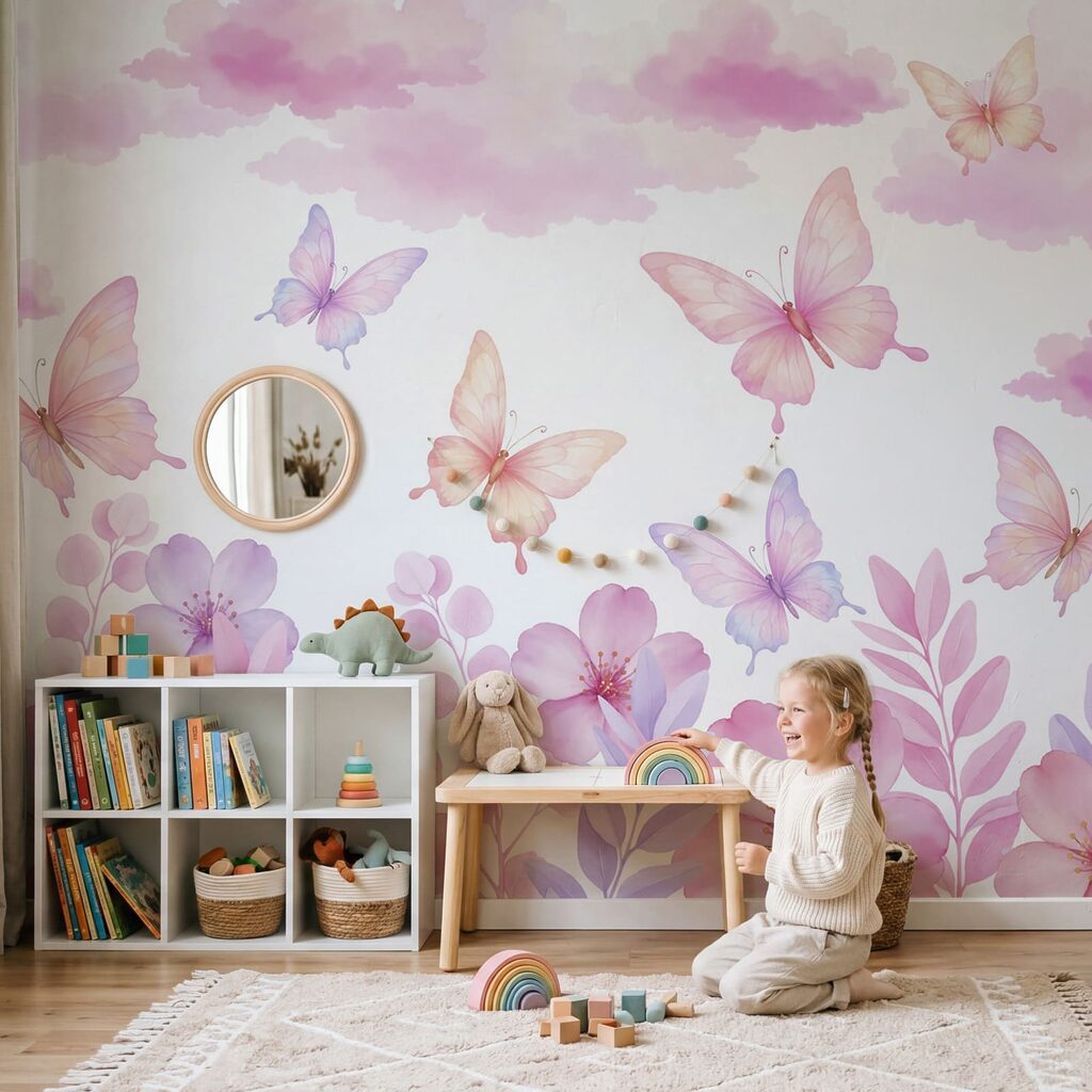 Schmetterlinge über Blüten in einem Interieur