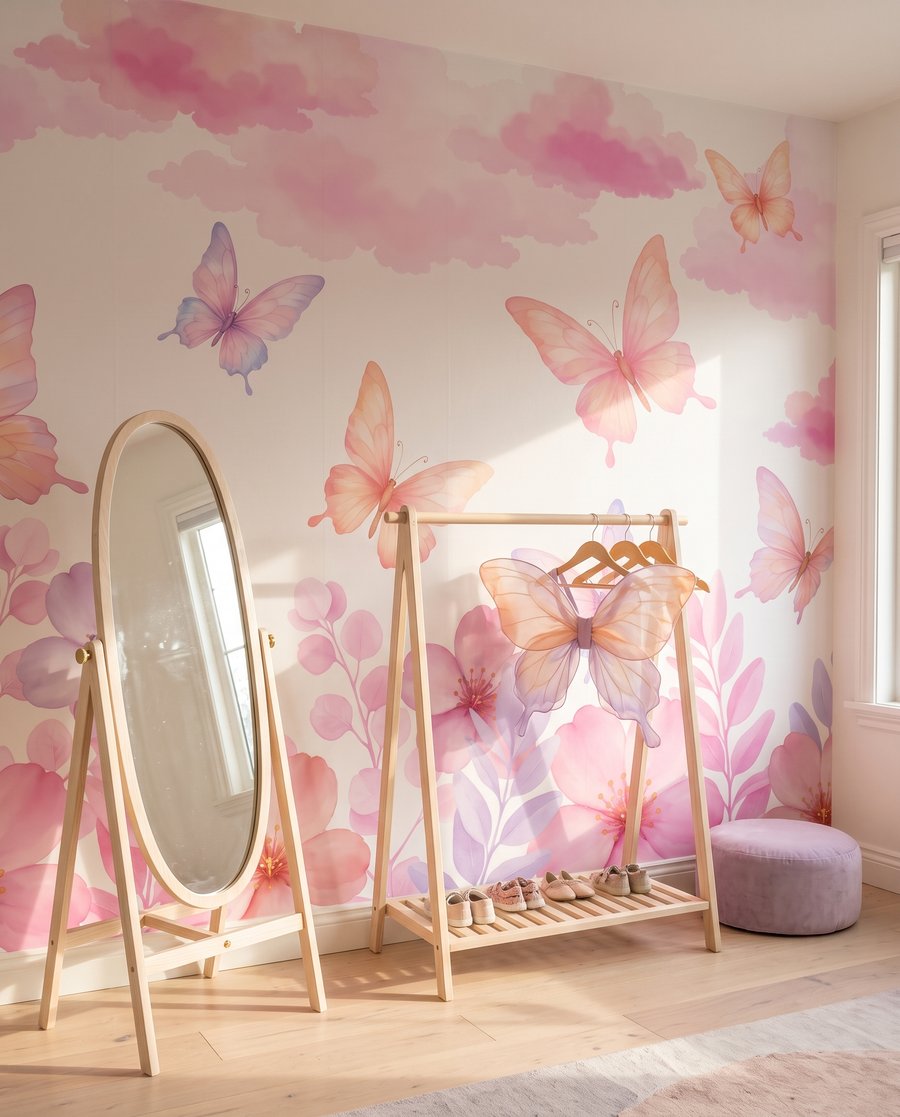 Schmetterlinge über Blüten in einem Interieur