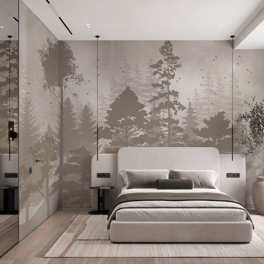 Gemalte Baumsilhouetten in einem Interieur