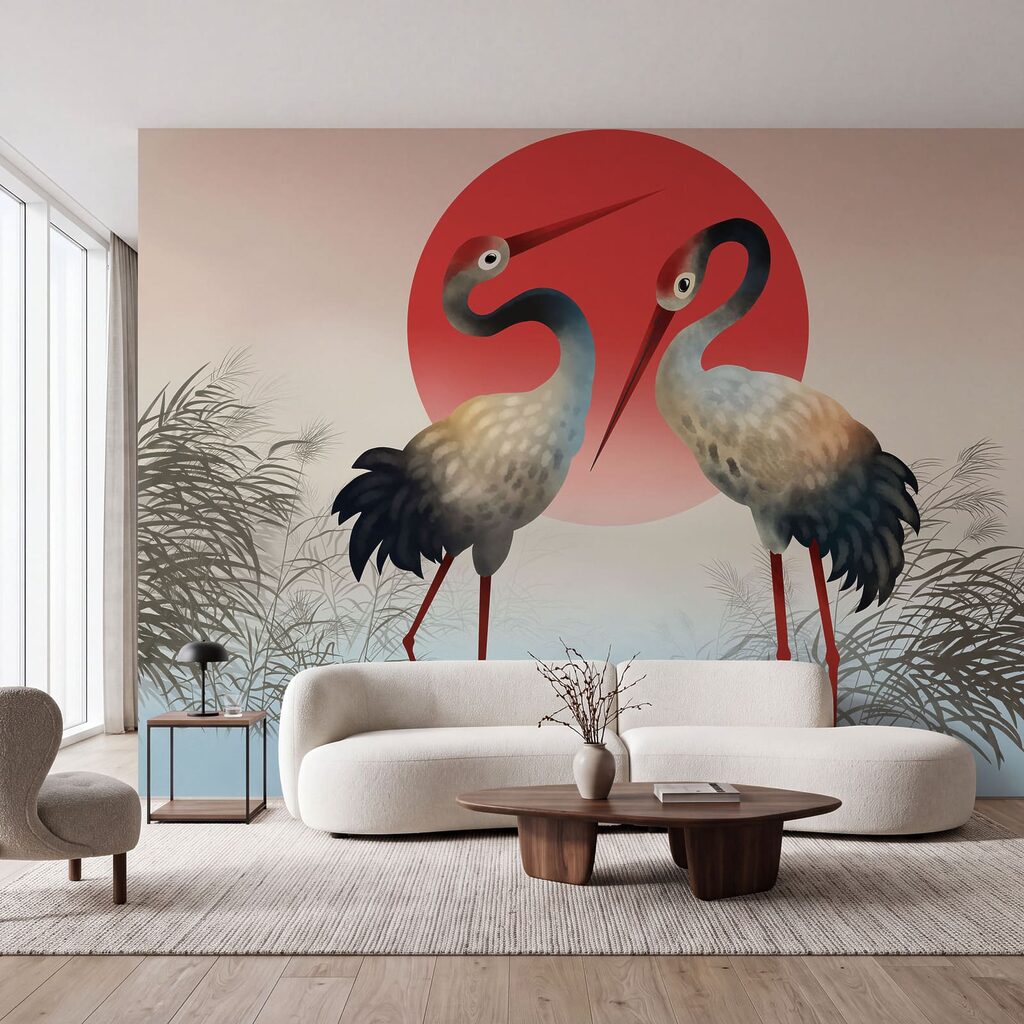 Zwei Vögel im Abendrot in einem Interieur