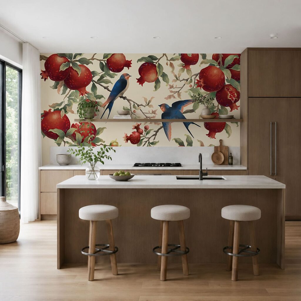 Vögel zwischen roten Granatäpfeln in einem Interieur