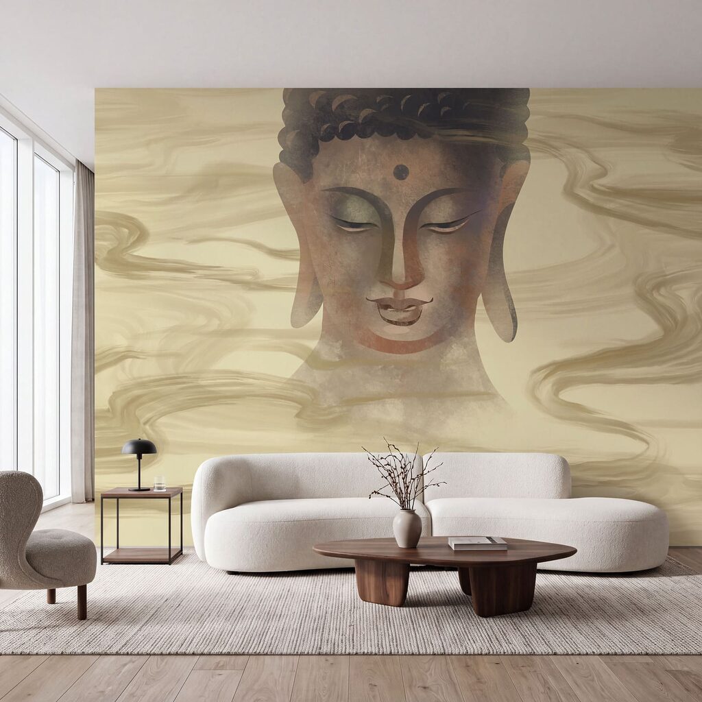 Buddha in goldenen Strömen in einem Interieur