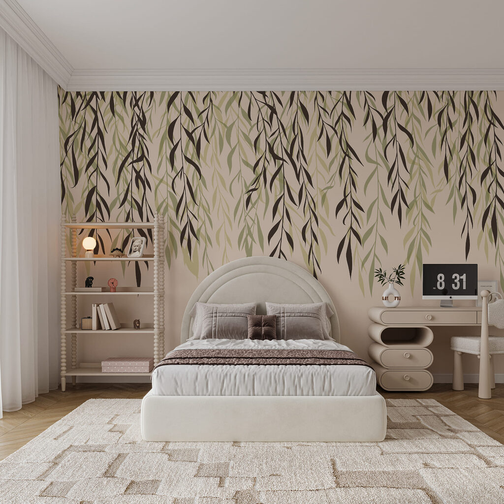 Hängende Blätter in Tusche in einem Interieur