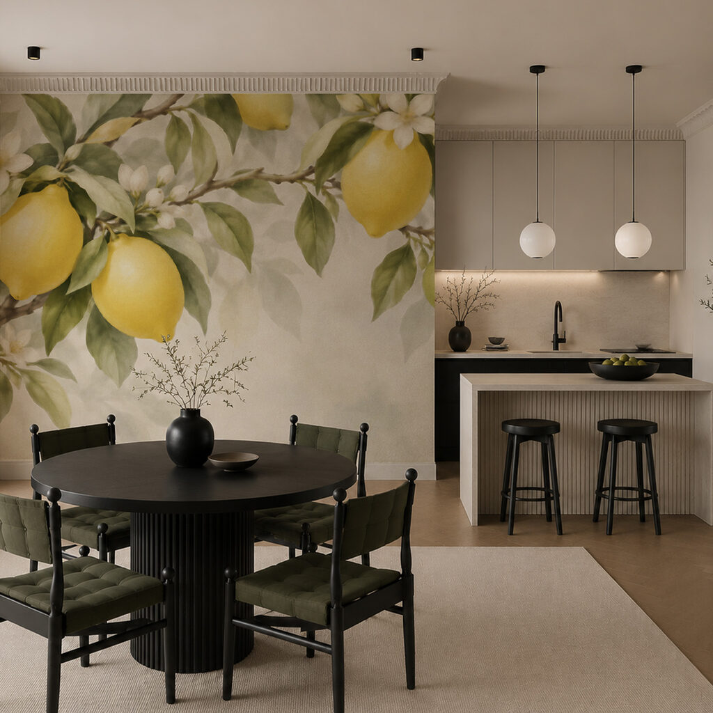 Zitronen und weiße Blüten in einem Interieur