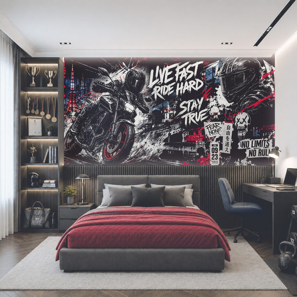 Motorrad und Graffiti in einem Interieur