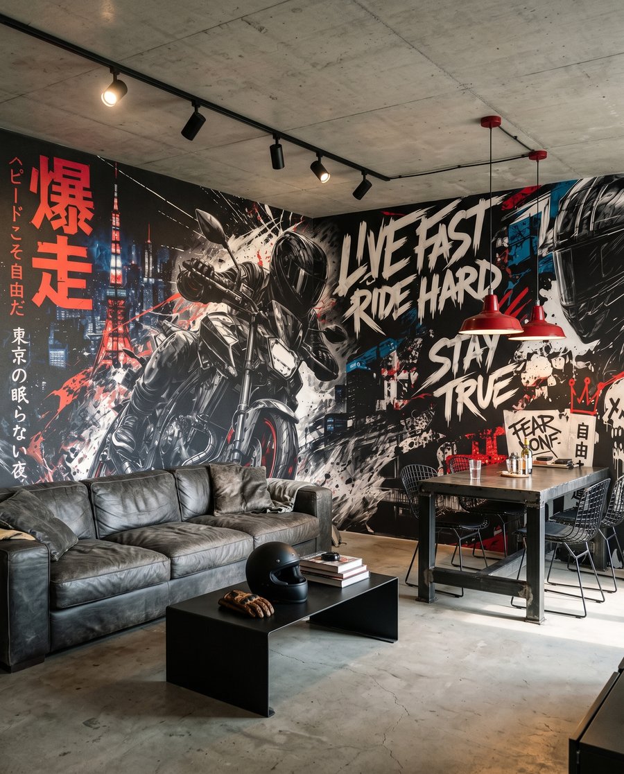 Motorrad und Graffiti in einem Interieur