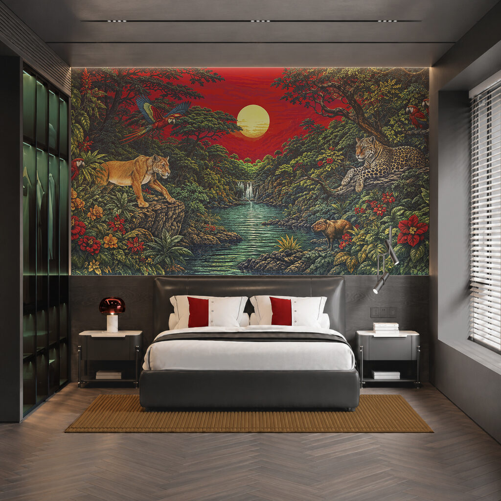 Dschungelkatzen unter rotem Himmel in einem Interieur