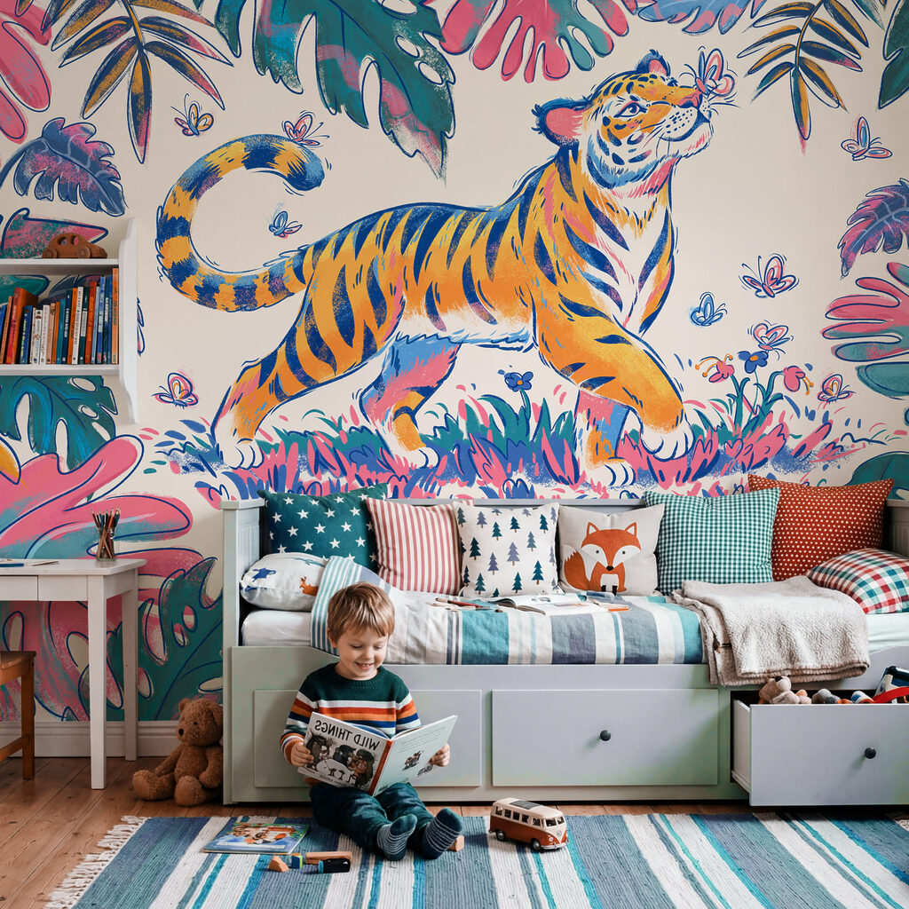 Tiger zwischen bunten Blättern in einem Interieur