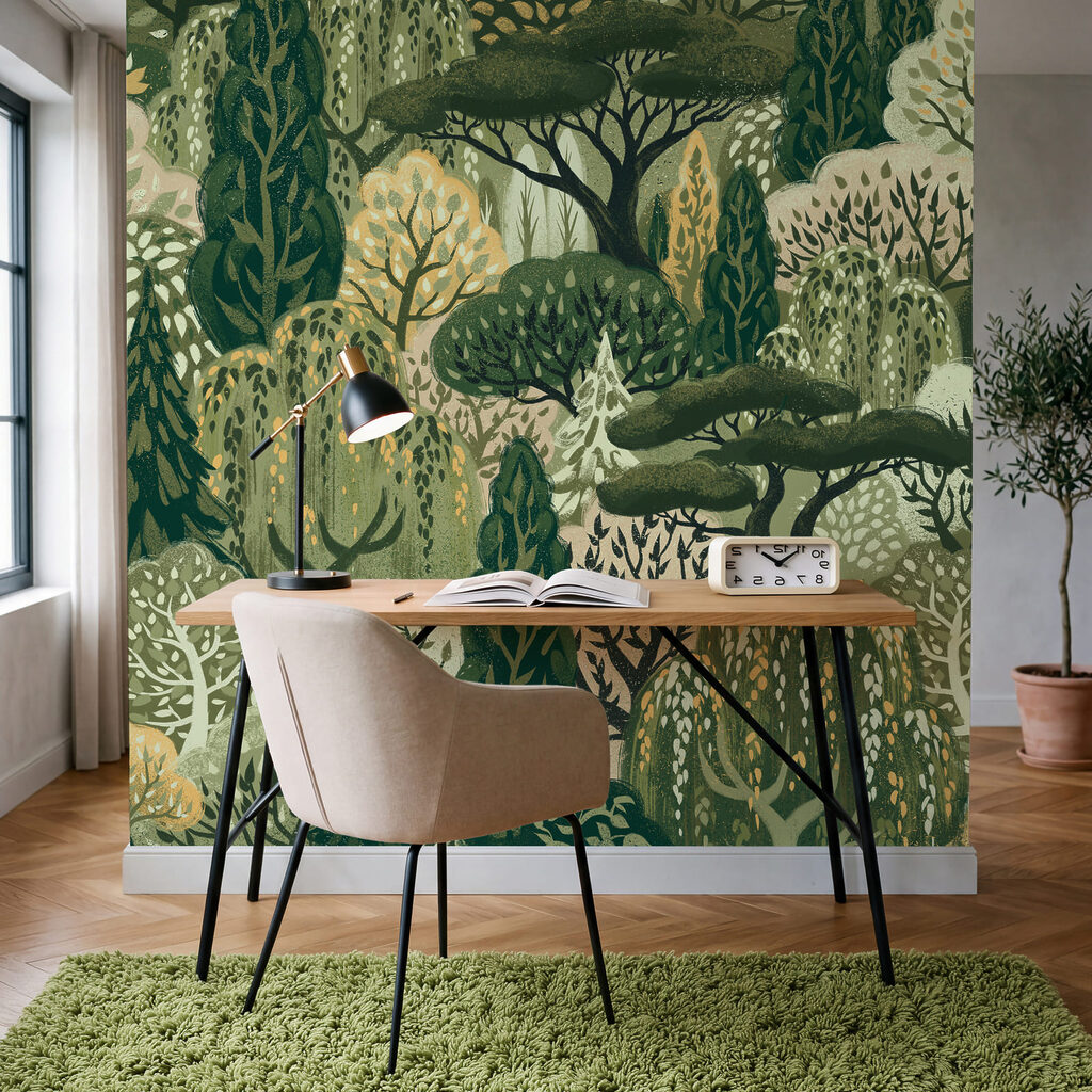 Hirsche zwischen zierlichen Bäumen in einem Interieur