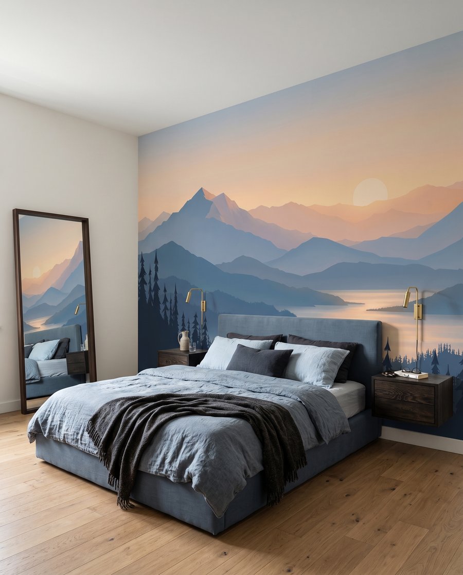 Bergsee in der Abendsonne in einem Interieur