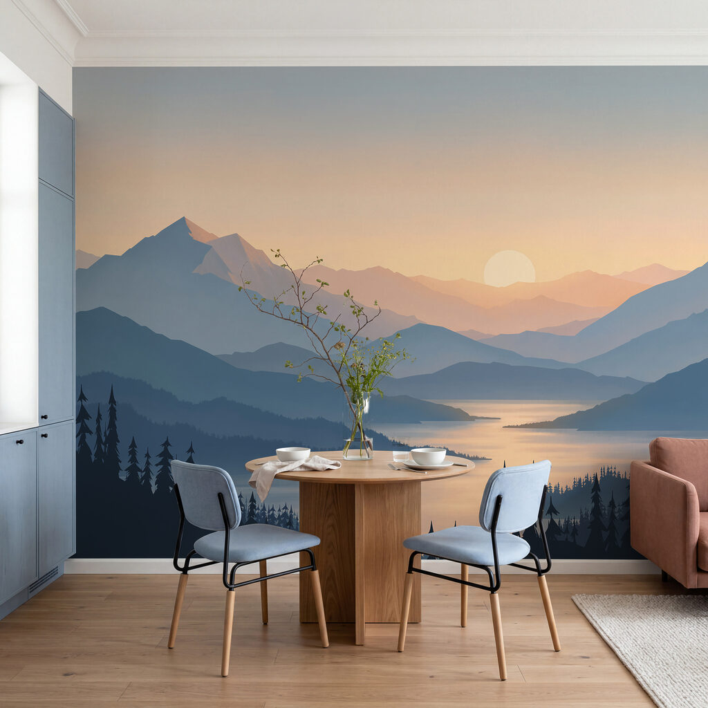 Bergsee in der Abendsonne in einem Interieur