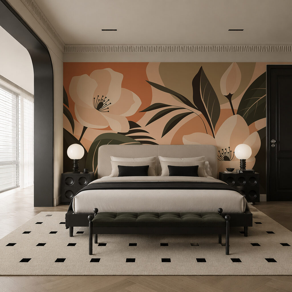 Blüten zwischen farbigen Blättern in einem Interieur