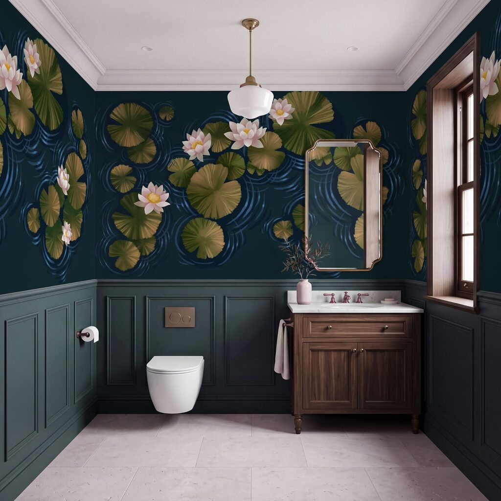 Seerosen auf dunkelblauen Kreisen in einem Interieur