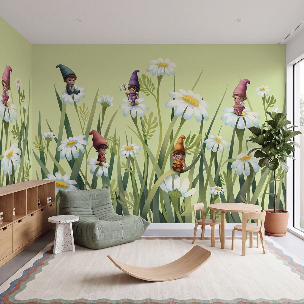 Wichtel zwischen hohen Blumen in einem Interieur