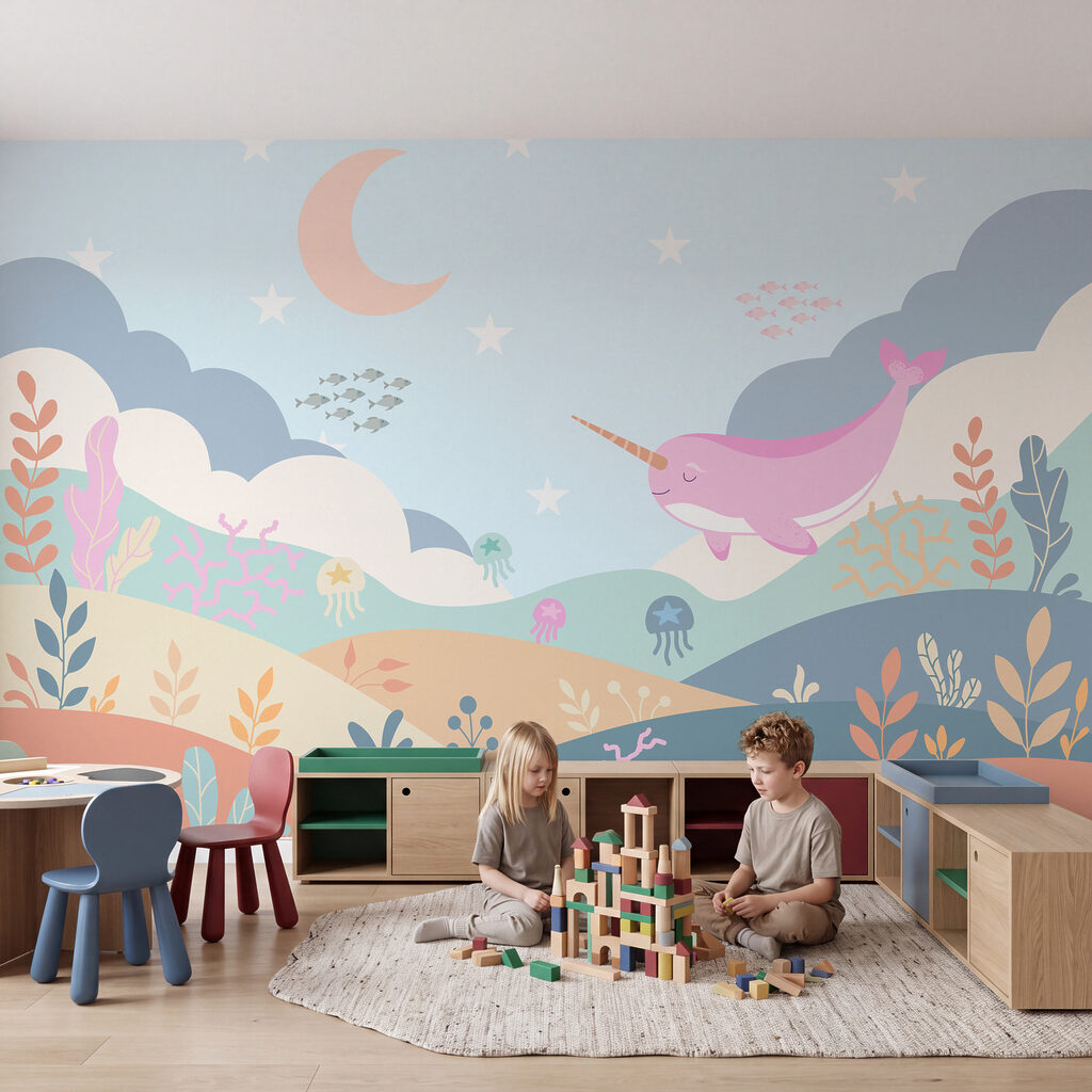 Narwal über Meeresgärten in einem Interieur