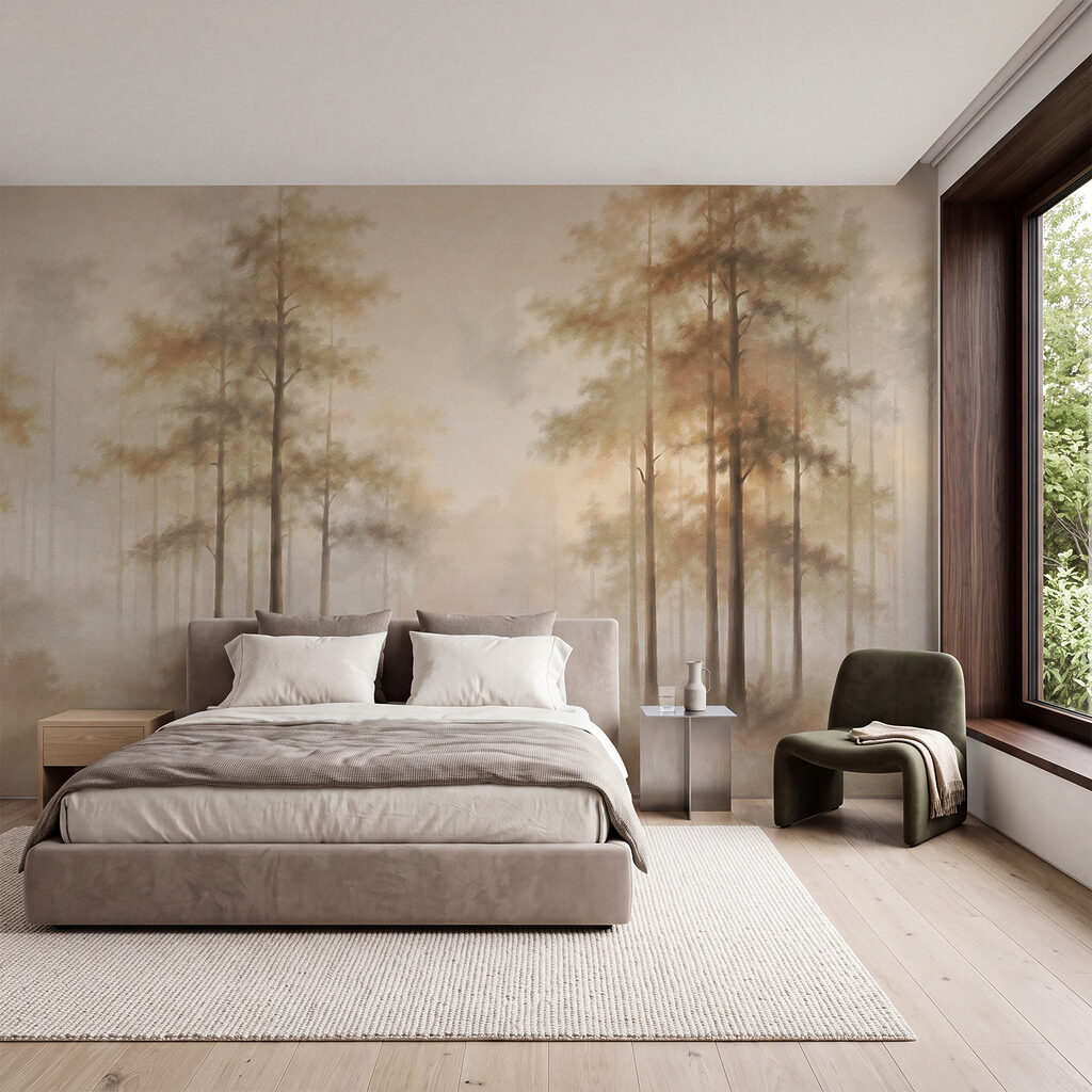 Schlanke Bäume im Morgennebel in einem Interieur