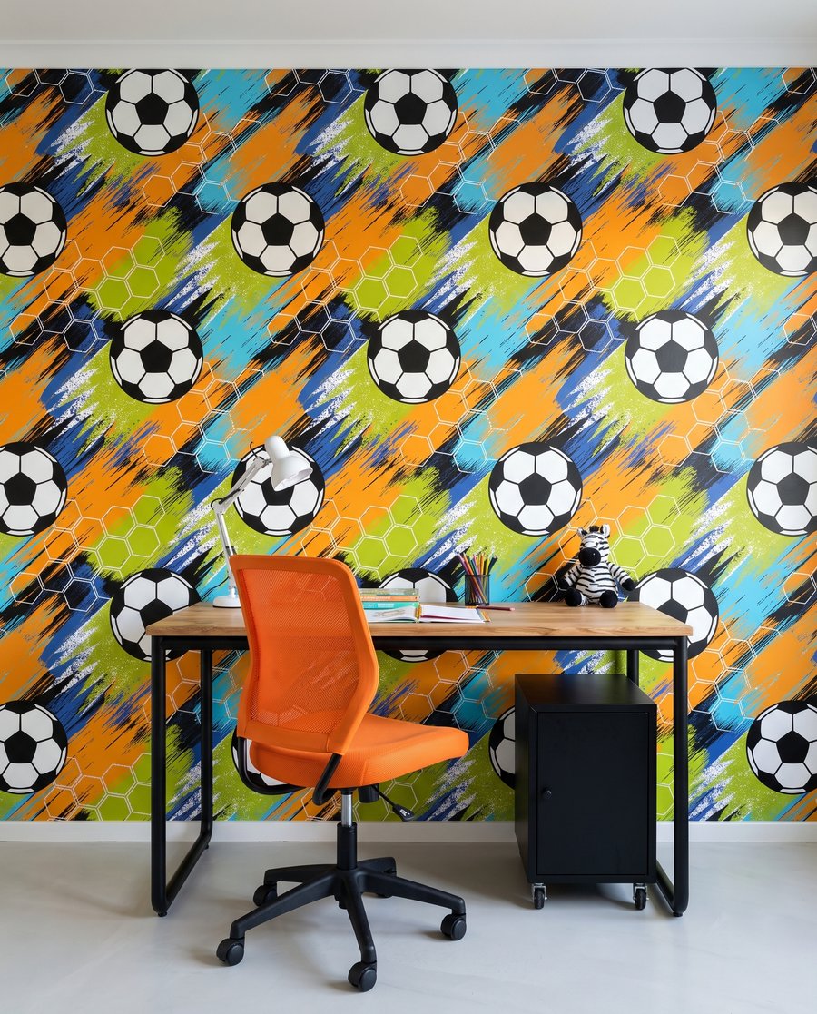 Fußbälle zwischen Pinselstrichen in einem Interieur