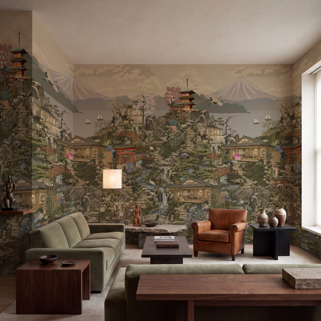 Pagoden in dichter Landschaft in einem Interieur