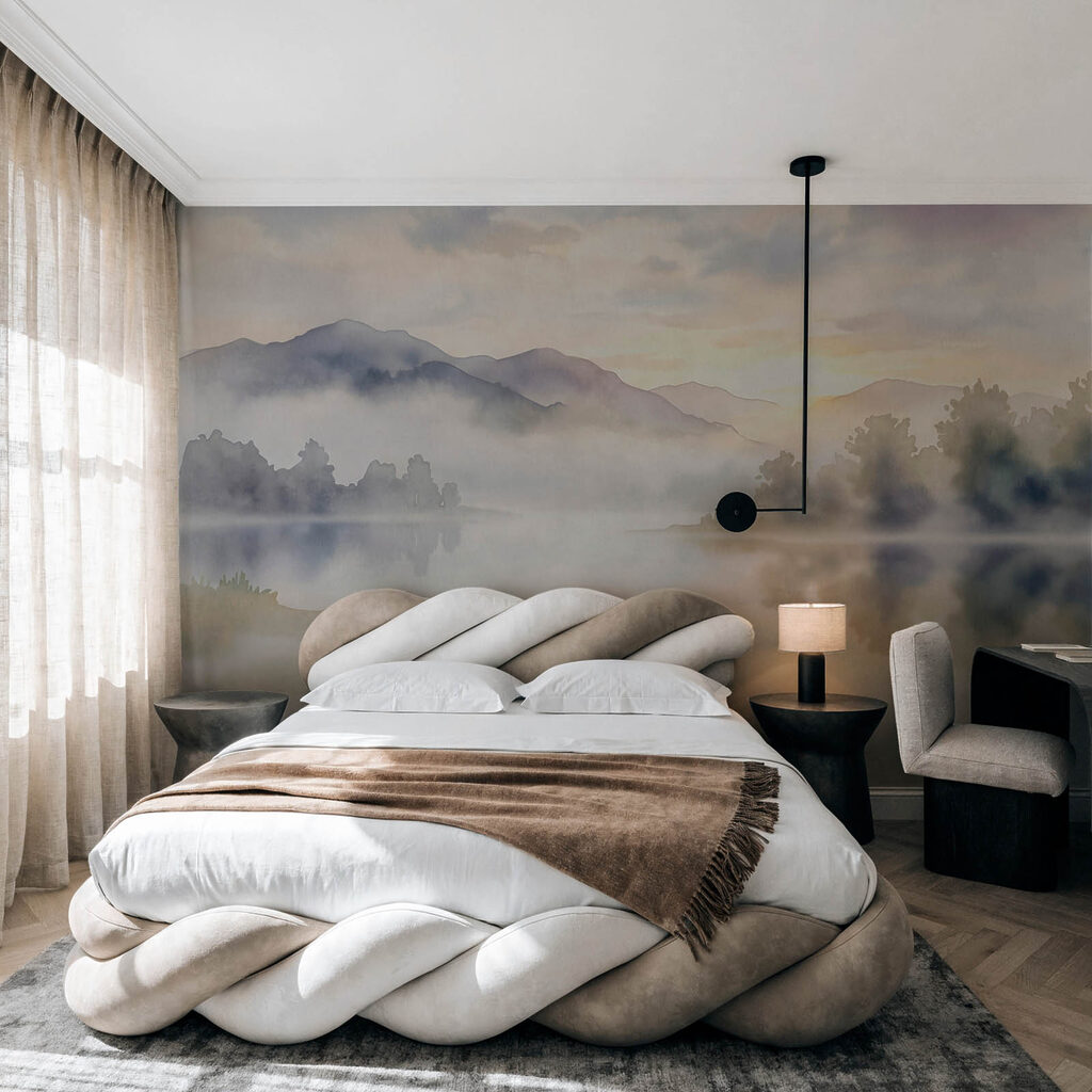 Bergsee im Morgennebel in einem Interieur