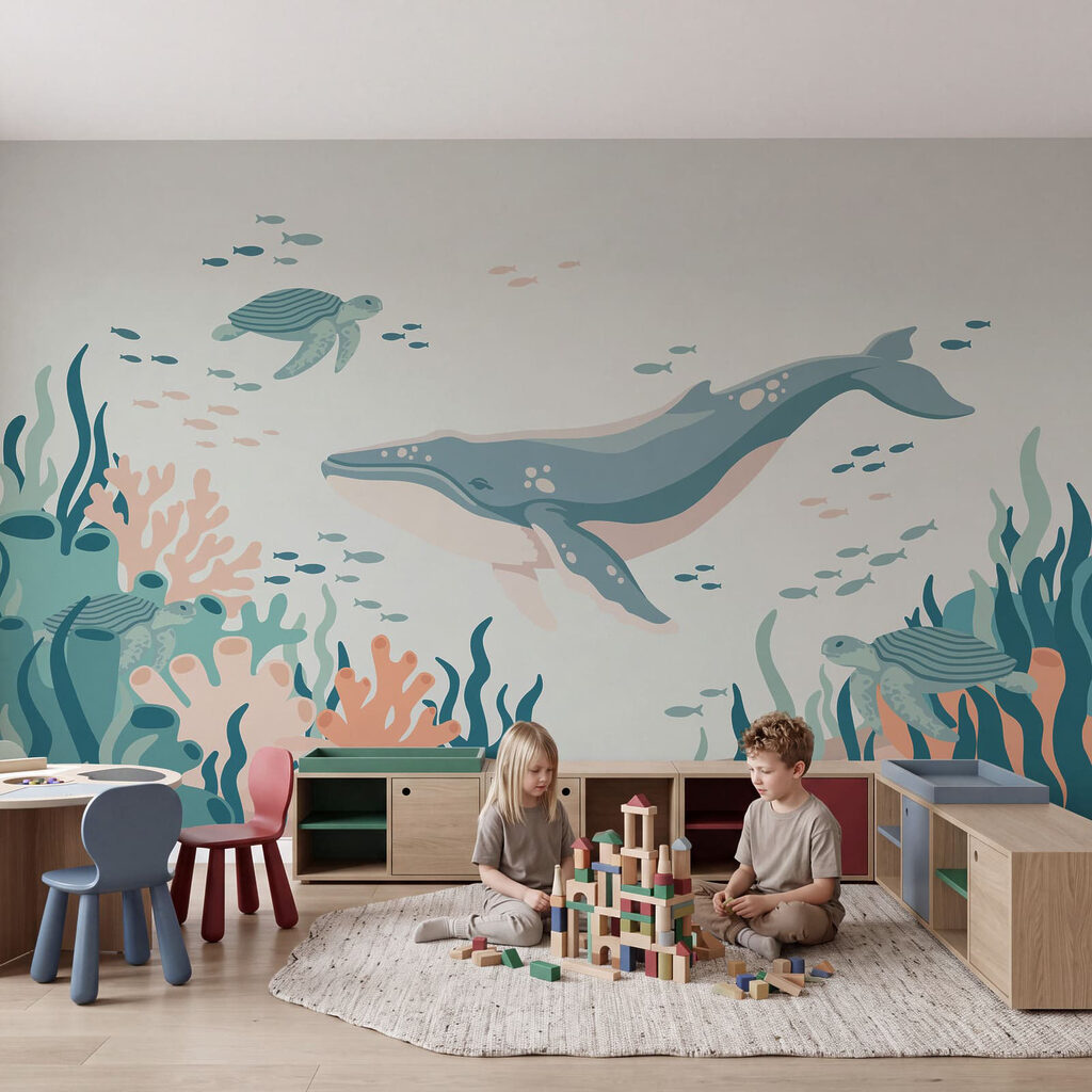 Wal und Schildkröte in einem Interieur