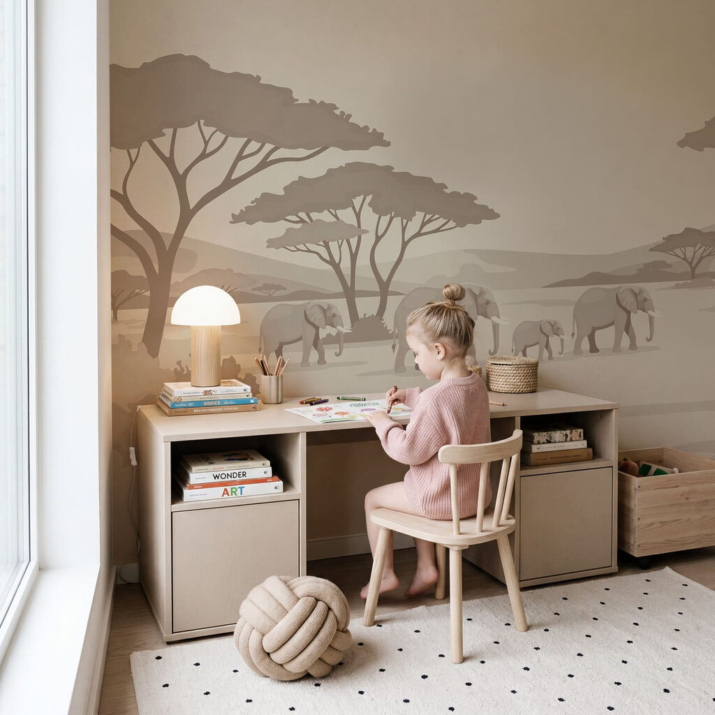 Elefanten unter breiten Kronen in einem Interieur