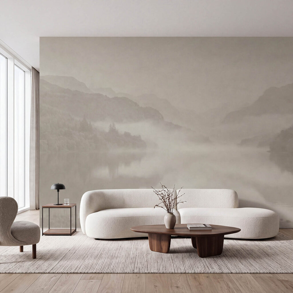 Bergsee in der Ferne in einem Interieur