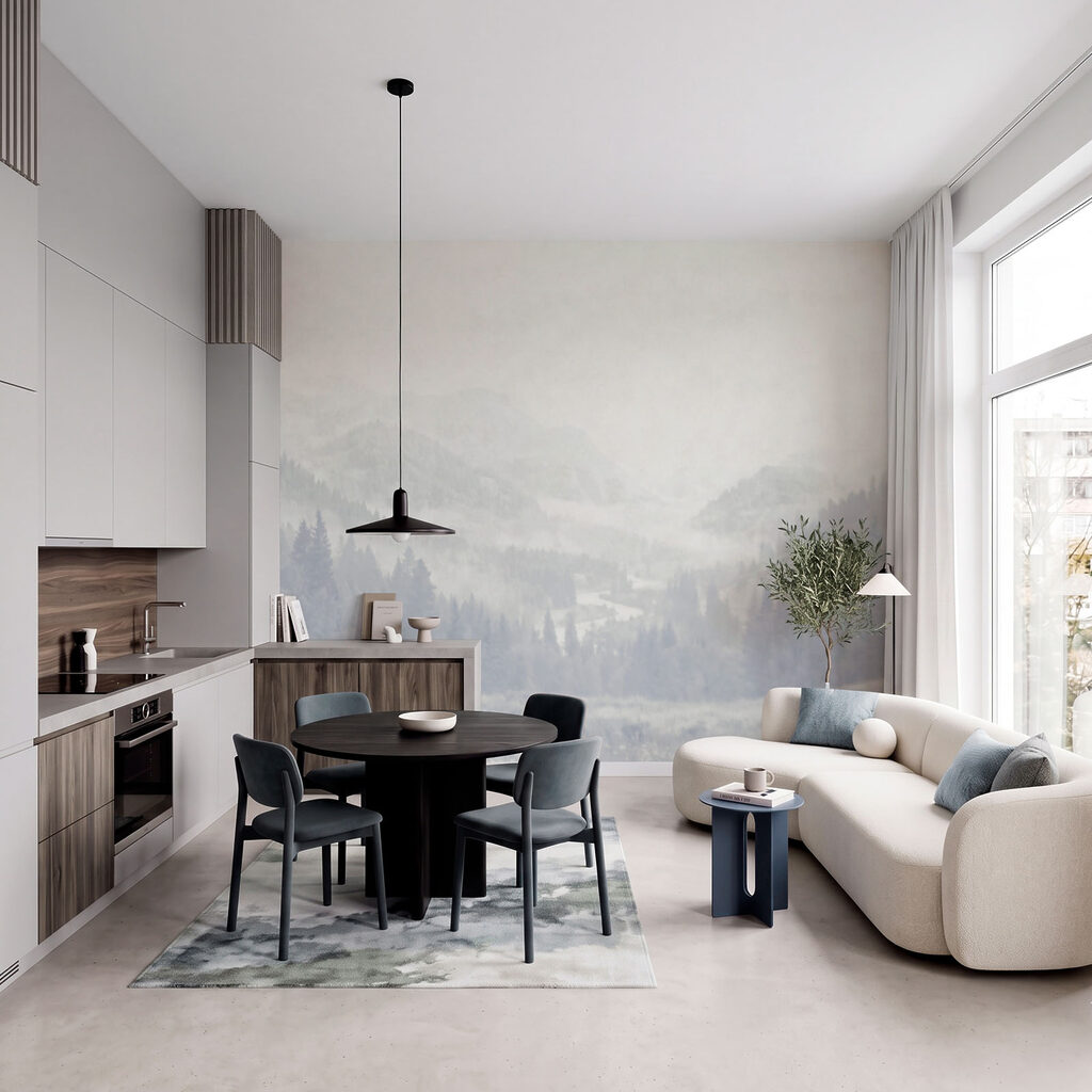 Bergwiese im blauen Dunst in einem Interieur