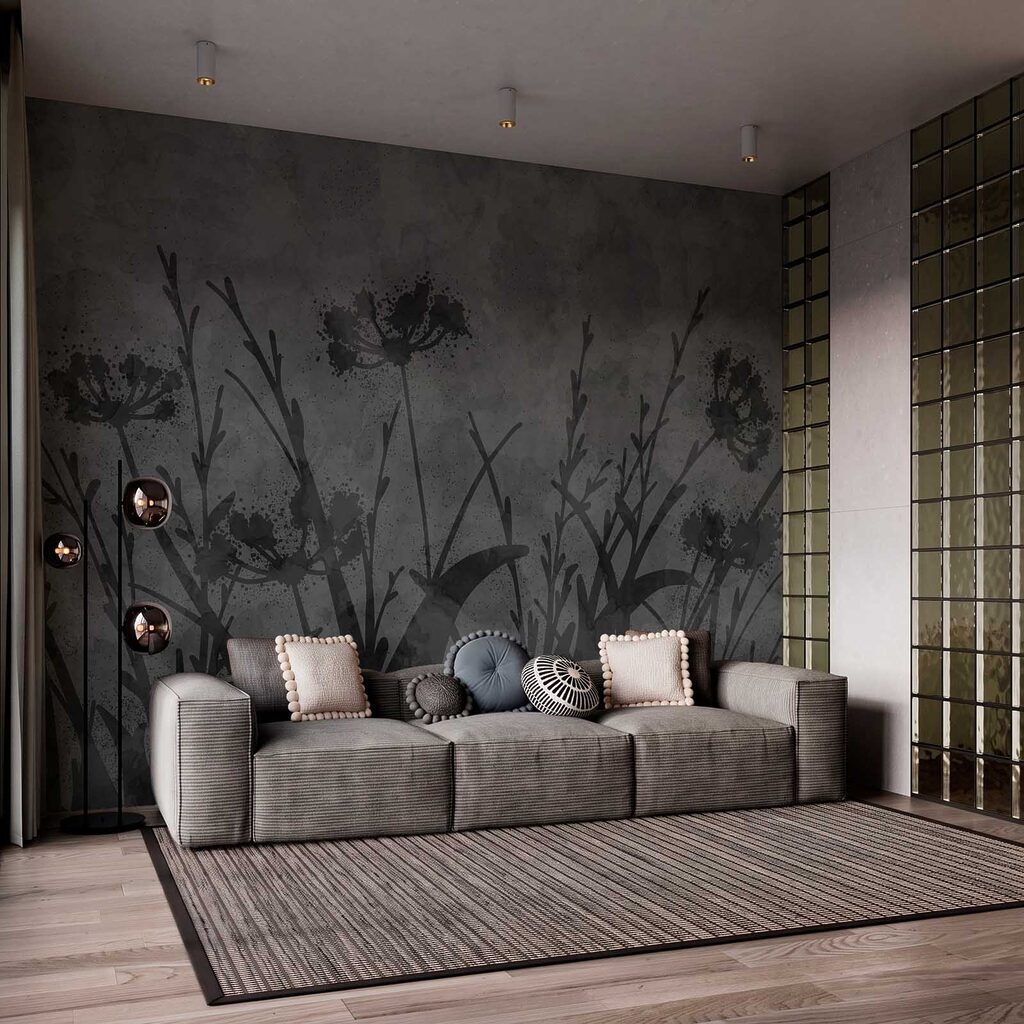Blumen im schwarzen Schatten in einem Interieur