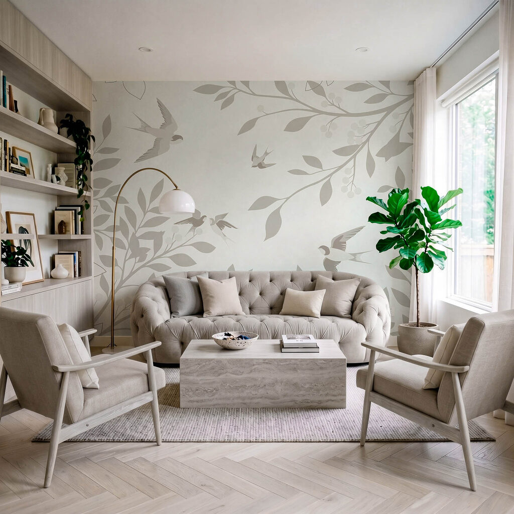 Vögel zwischen grauen Zweigen in einem Interieur