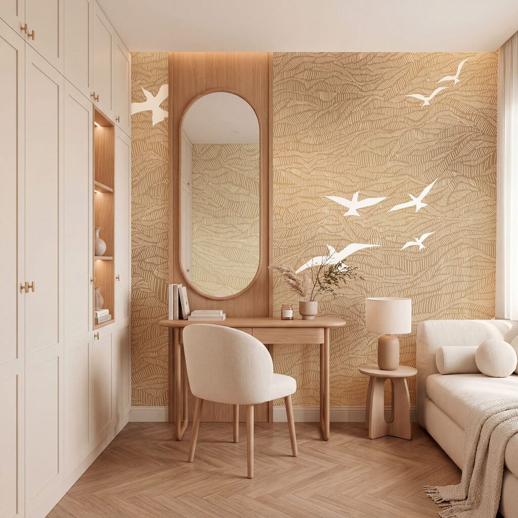 Weiße Vögel über Wellenlinien in einem Interieur