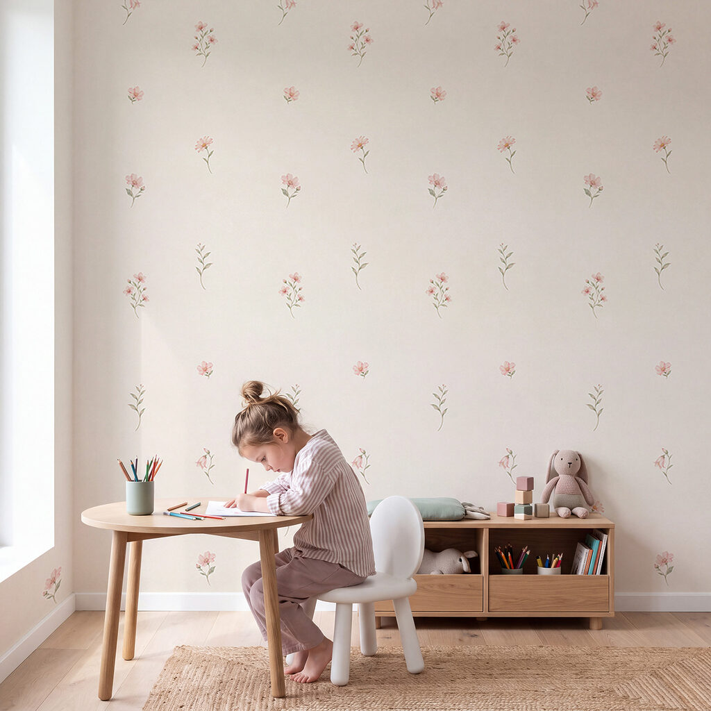 Locker verstreute rosa Blümchen in einem Interieur