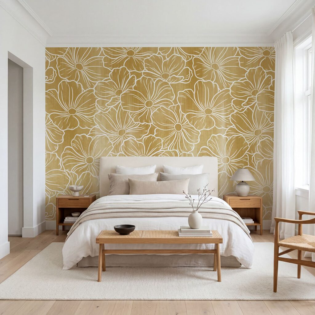 Weiße Blütenlinien auf Farbschleier in einem Interieur