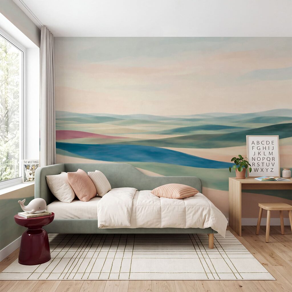 Ferne Felder in Farbschichten in einem Interieur