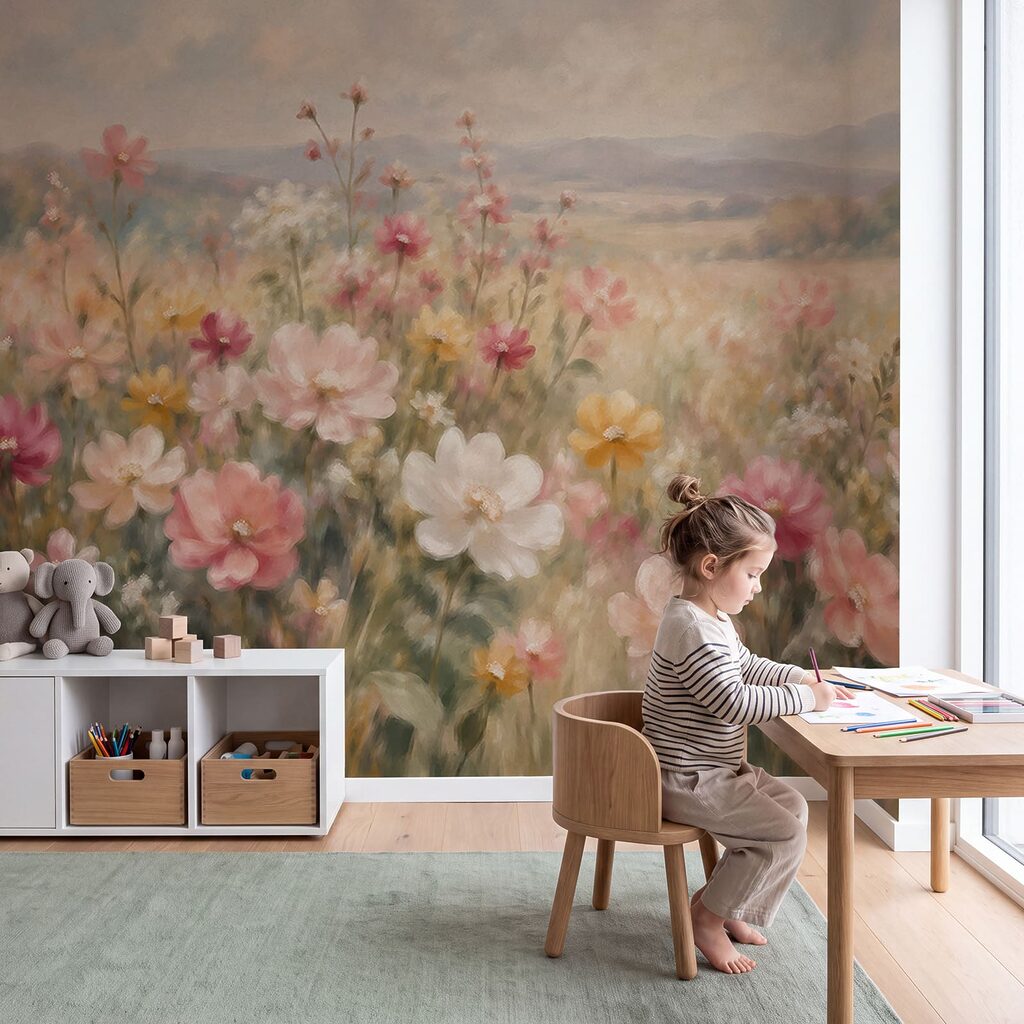 Blumenfeld vor Hügeln in einem Interieur