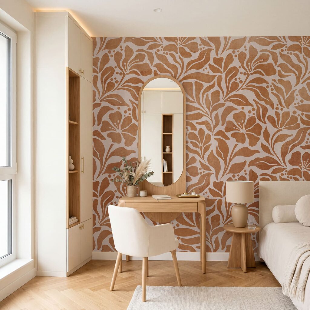 Feine Zweige in Farbflächen in einem Interieur
