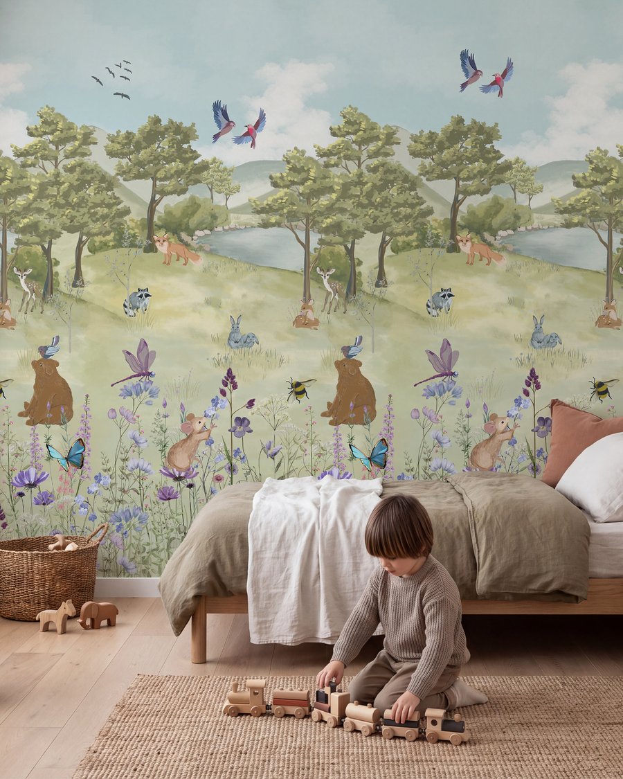Waldfreunde zwischen Wiesenblumen in einem Interieur