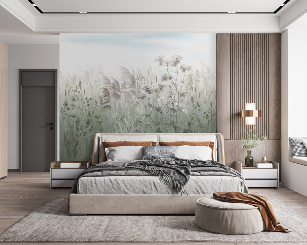 Blumenwiese unter hellem Himmel in einem Interieur