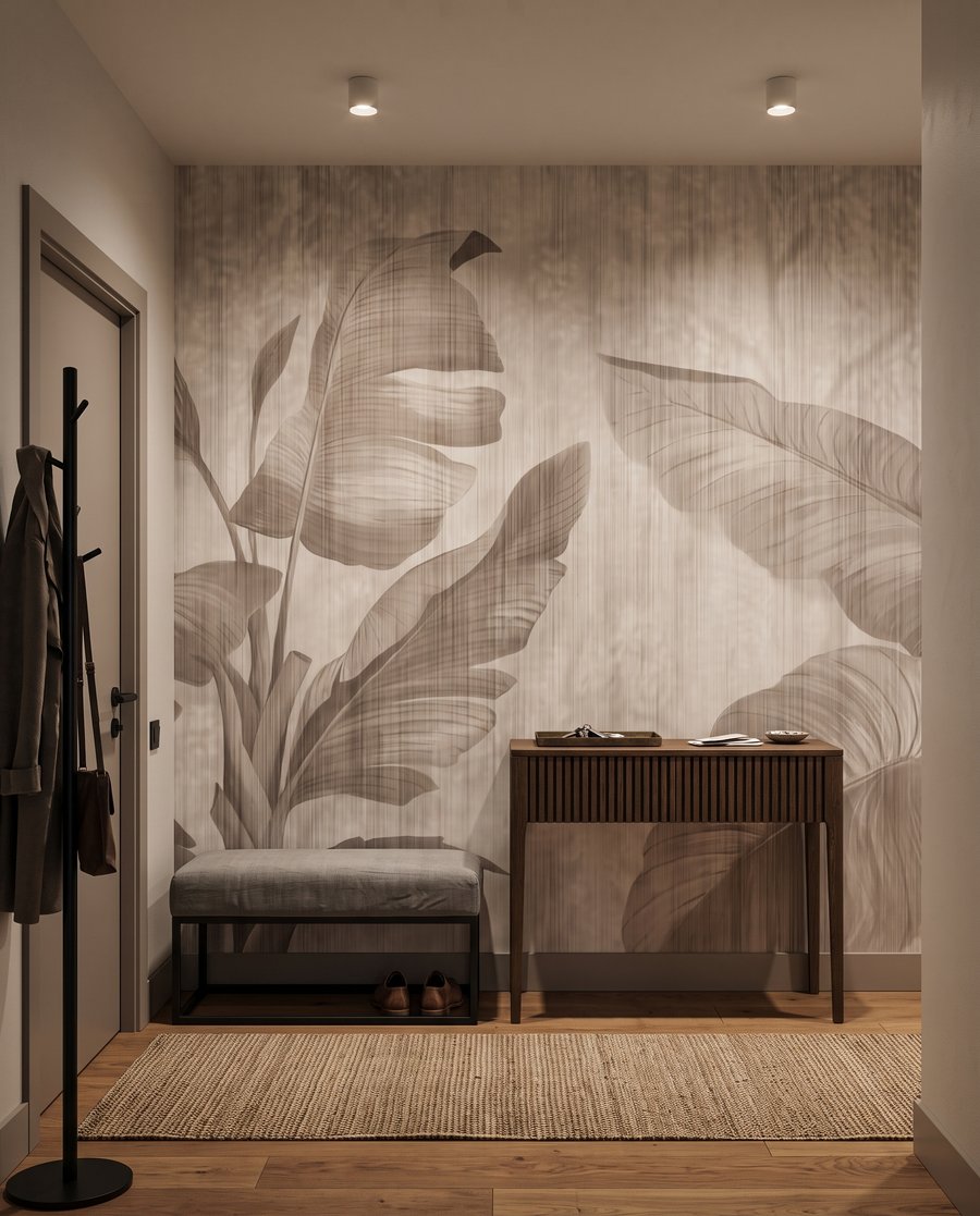 Blattschatten auf verwittertem Weiß in einem Interieur