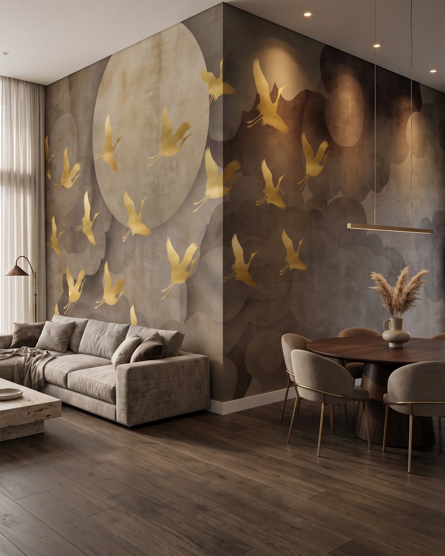 Goldene Vögel im Mondlicht in einem Interieur
