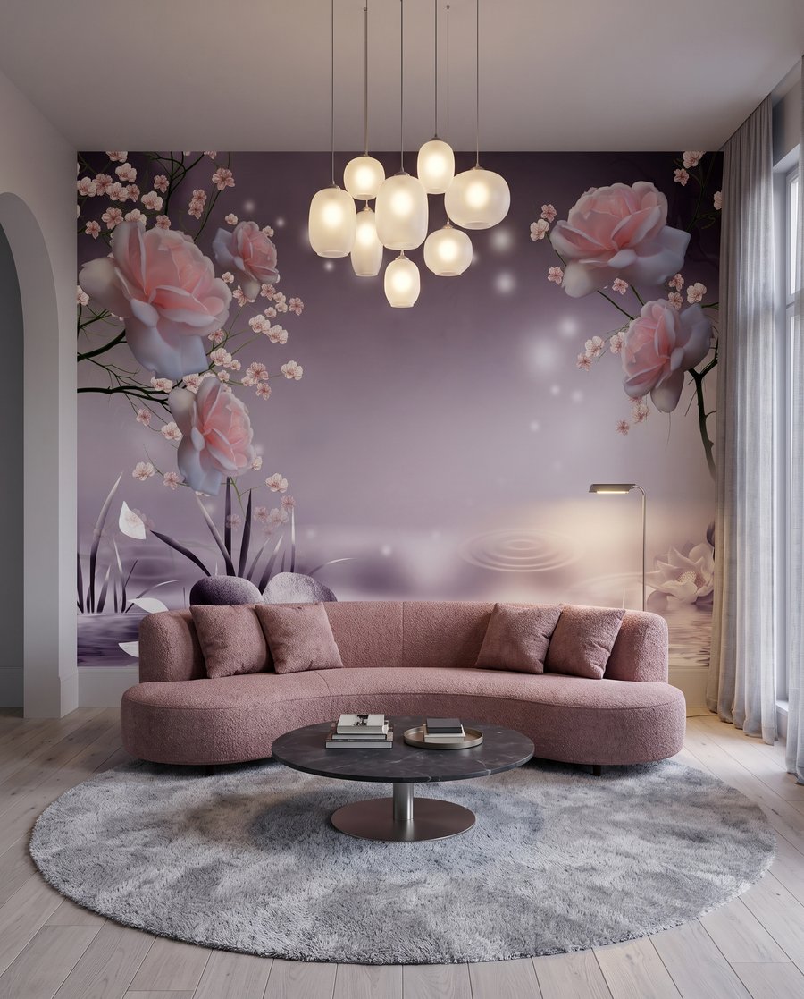 Rosa Blüten am Wasser in einem Interieur
