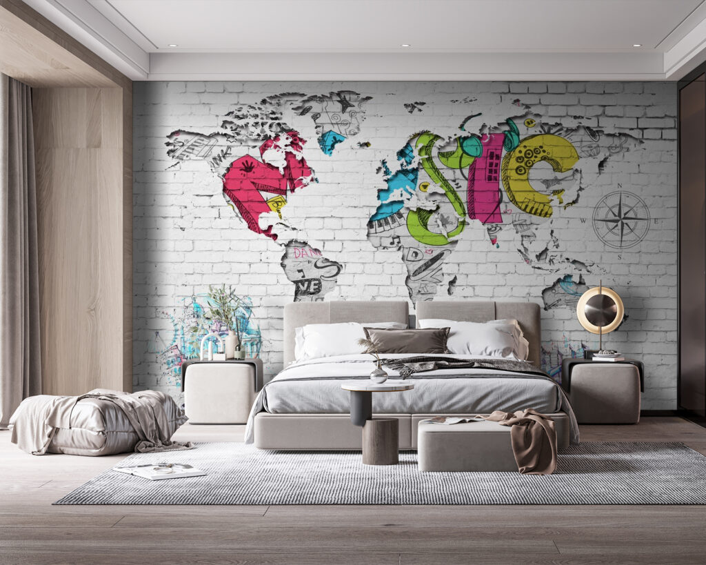 Weltkarte im Street-Art-Stil in einem Interieur