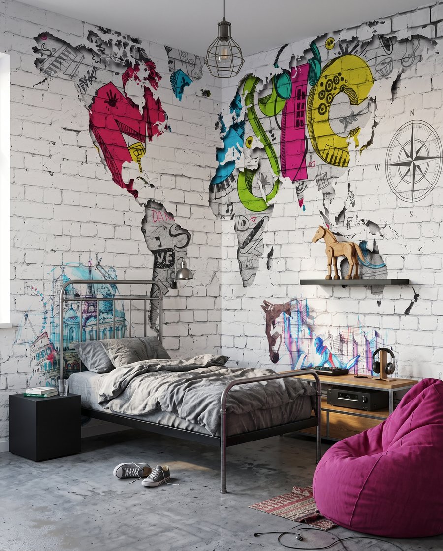 Weltkarte im Street-Art-Stil in einem Interieur