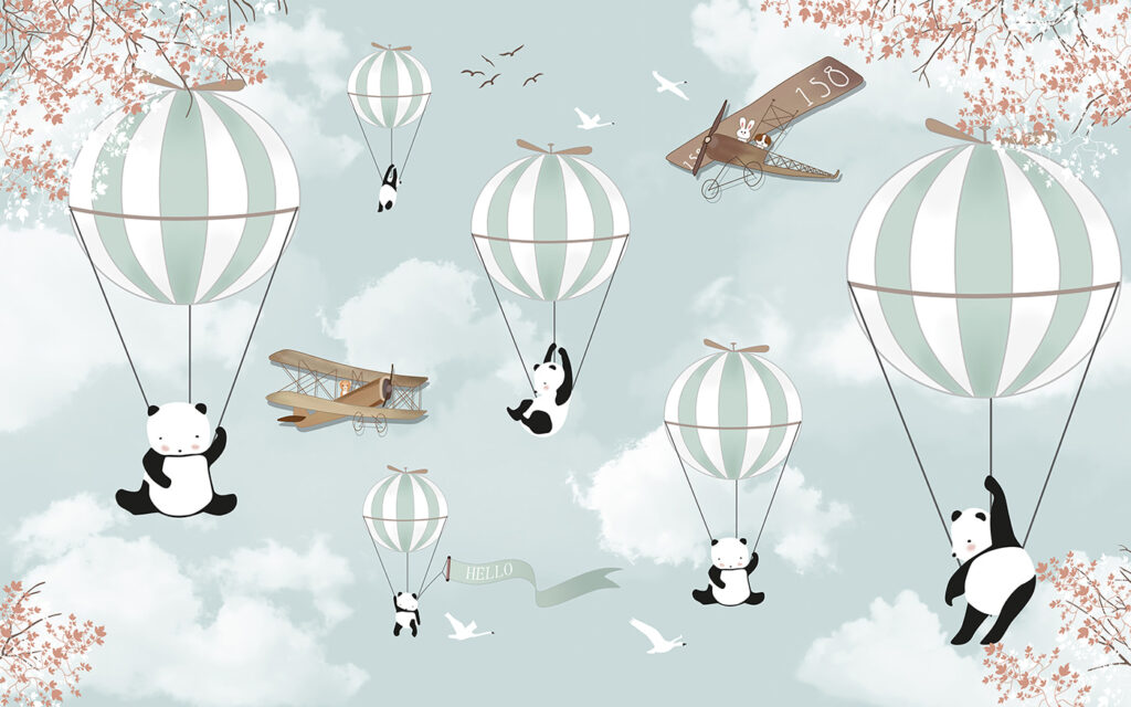 Pandas im Heißluftballon — ganzes Design