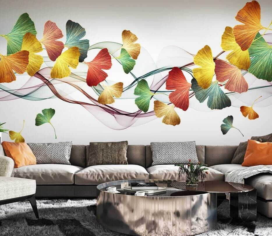 Blätter an bunten Bändern in einem Interieur