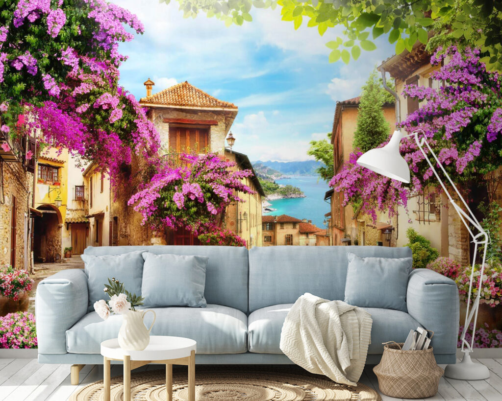 Blumengasse zum Meer in einem Interieur