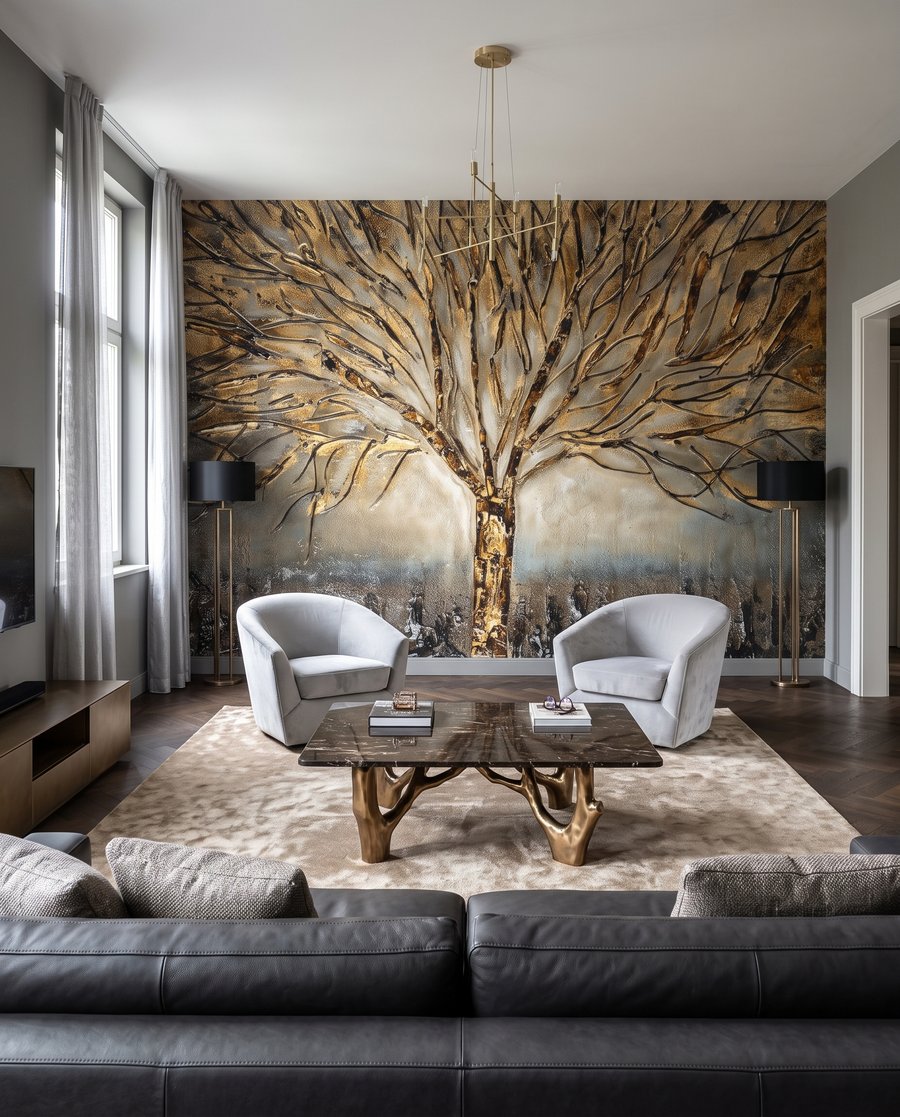 Baum mit goldenen Konturen in einem Interieur