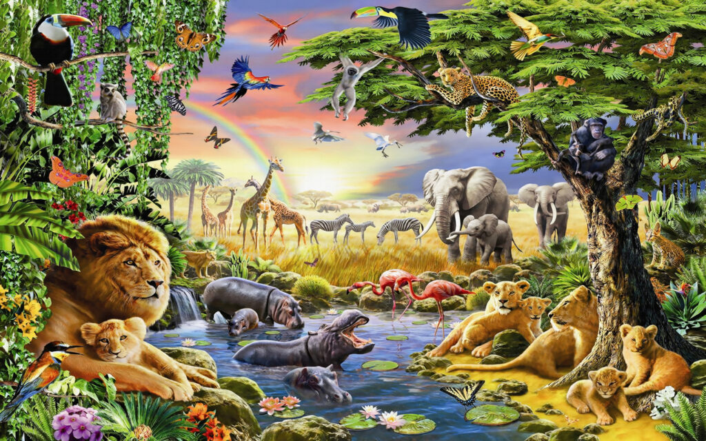 Tiere am Dschungelteich — ganzes Design