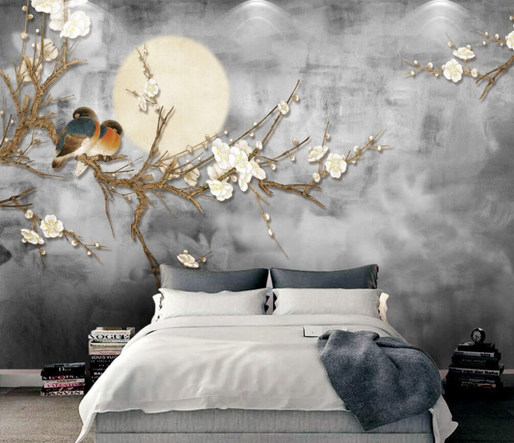 Vögel unter dem Mond in einem Interieur