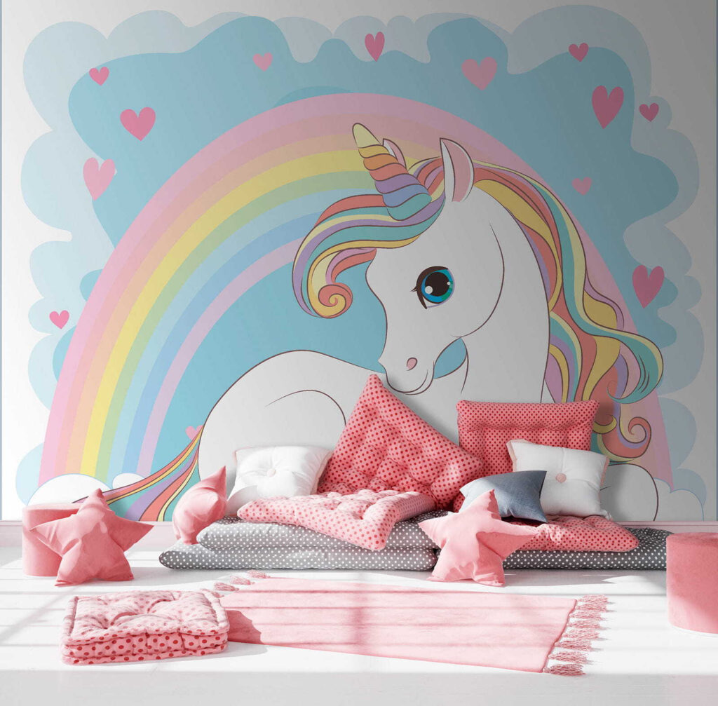 Einhorn unter dem Regenbogen in einem Interieur