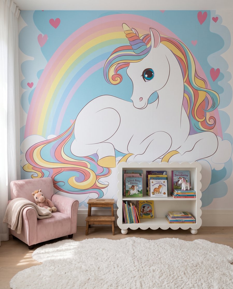 Einhorn unter dem Regenbogen in einem Interieur